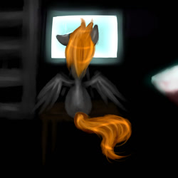Size: 1024x1024 | Tagged: safe, artist:kinjareta, imported from derpibooru, oc, oc only, pegasus, pony, male, rear view, simple background, solo, stallion, television