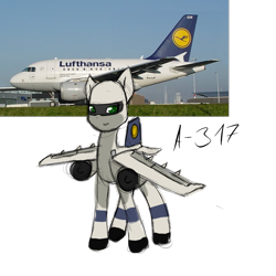 Size: 1000x1000 | Tagged: artist needed, safe, imported from derpibooru, oc, oc only, original species, plane pony, pony, airbus, airbus a317, aircraft, irl, looking at you, lufthansa, male, photo, plane, simple background, smiling, solo, stallion, standing, transparent background, white background