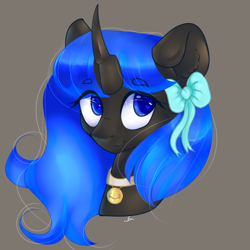 Size: 1600x1600 | Tagged: safe, artist:salicsa, imported from derpibooru, oc, oc only, oc:blue visions, changeling, bell, bow, bust, changeling oc, cute, eyes open, female, gray background, hair bow, jewelry, looking sideways, necklace, portrait, simple background, solo