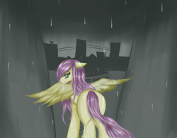 Size: 1024x799 | Tagged: safe, artist:kinjareta, imported from derpibooru, fluttershy, pegasus, pony, female, looking back, mare, rain, sad, simple background, solo, spread wings, wings