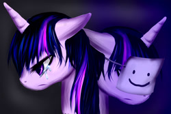 Size: 1024x684 | Tagged: safe, artist:kinjareta, imported from derpibooru, twilight sparkle, unicorn, crying, duo, emotional, looking offscreen, mask, sad, simple background, unicorn twilight