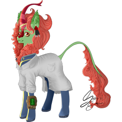 Size: 2216x2216 | Tagged: safe, artist:senpai-satan, imported from derpibooru, oc, oc only, oc:spring glow, kirin, fallout equestria, clothes, commission, female, jumpsuit, kirin oc, lab coat, mare, pipbuck, signature, simple background, solo, transparent background, vault suit