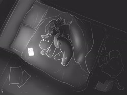 Size: 2267x1700 | Tagged: safe, artist:mantequiademani, imported from derpibooru, oc, oc only, earth pony, pony, bed, cellphone, grayscale, monochrome, phone, pillow, plushie, sleeping, smartphone, solo
