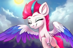 Size: 2304x1536 | Tagged: safe, imported from derpibooru, zipp storm, pegasus, pony, adorazipp, ai content, ai generated, cloud, cloudy, cute, eyes closed, female, flying, g5, generator:pony diffusion v4, generator:stable diffusion, happy, mare, prompter:siber, sky, smiling, solo, sun