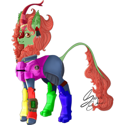 Size: 2216x2216 | Tagged: safe, artist:senpai-satan, imported from derpibooru, oc, oc only, oc:spring glow, kirin, fallout equestria, armor, clothes, colorful, combat armor, commission, female, jumpsuit, kirin oc, mare, pipbuck, signature, simple background, solo, transparent background, vault suit