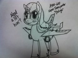 Size: 2048x1529 | Tagged: artist needed, safe, imported from derpibooru, oc, oc only, original species, plane pony, pony, airbus, airbus a300-600, aircraft, beluga, female, mare, marker drawing, photo, plane, simple background, solo, standing, talking to viewer, traditional art, white background