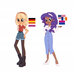 Size: 2048x2048 | Tagged: safe, artist:cryweas, imported from derpibooru, applejack, rarity, human, equestria girls, alternate hairstyle, american flag, bisexual pride flag, blushing, boots, clothes, dark skin, denim, denim shorts, eyeshadow, farmer's tan, female, flag of new york city, flannel, freckles, german, german flag, germany, grin, hairband, high heels, humanized, jewelry, lesbian pride flag, lipstick, makeup, necklace, pride, pride flag, shirt, shoes, shorts, simple background, skirt, smiling, socks, stockings, tan lines, thigh highs, white background