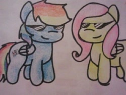 Size: 500x375 | Tagged: safe, artist:fluttersdoodles, imported from derpibooru, fluttershy, rainbow dash, cool, female, flutterdash, lesbian, shipping, smiling, standing, sunglasses, traditional art