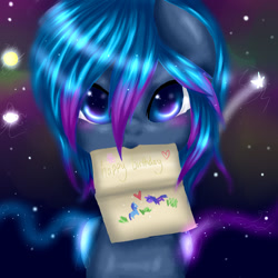 Size: 1024x1024 | Tagged: safe, artist:kinjareta, imported from derpibooru, oc, oc only, pony, birthday, birthday card, gift art, looking at you, mouth hold, shooting star, solo, starry night