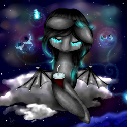 Size: 1024x1024 | Tagged: safe, artist:kinjareta, imported from derpibooru, oc, oc only, oc:ember, bat pony, bat pony oc, complex background, crying, sad, solo, spread wings, starry night, wings