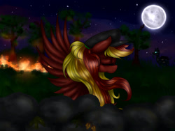 Size: 1024x768 | Tagged: safe, artist:kinjareta, imported from derpibooru, oc, oc only, oc:rainbow flashover, pegasus, eyes closed, fire, long mane, moon, multicolored hair, night, pegasus oc, solo, starry night