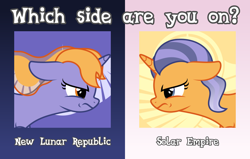 Size: 880x560 | Tagged: safe, artist:melisareb, derpibooru exclusive, imported from derpibooru, oc, oc only, oc:imperii solem (empirica sol), oc:lunae novae (new luna), pony, unicorn, derpibooru, .svg available, angry, april fools 2023, derpibooru ponified, duo, duo female, ethereal mane, female, gradient mane, implied princess celestia, implied princess luna, looking at each other, looking at someone, mare, meme, meta, new lunar republic, ponified, ponified meme, sibling rivalry, siblings, sisters, solar empire, svg, vector, which side are you on?