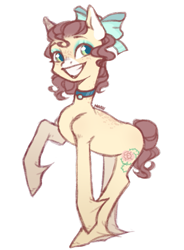 Size: 559x761 | Tagged: safe, artist:harusocoma, imported from derpibooru, oc, earth pony, pony, blue eyes, bow, brown mane, brown tail, choker, hair bow, simple background, smiling, solo, tail, transparent background, yellow coat