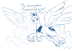 Size: 1280x905 | Tagged: safe, artist:darkhestur, imported from derpibooru, princess luna, alicorn, pony, april fools 2023, flying, monochrome, simple background, sketch, solo, speech bubble