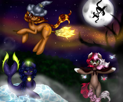 Size: 1024x854 | Tagged: safe, artist:kinjareta, imported from derpibooru, oc, oc only, oc:asterisk, oc:fiddletwig, oc:kaz, bat pony, earth pony, merpony, parasprite, bat pony oc, broom, earth pony oc, floating, glowing, glowing horn, group, horn, moon, raised hoof, shadow, starry night, starry sky, water
