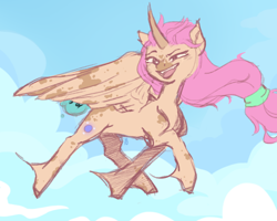 Size: 1000x800 | Tagged: safe, artist:harusocoma, imported from derpibooru, oc, alicorn, pony, curved horn, fangs, flying, horn, open mouth, pink mane, sketch, sky background, solo