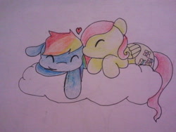 Size: 640x480 | Tagged: safe, artist:fluttersdoodles, imported from derpibooru, fluttershy, rainbow dash, ^^, cloud, eyes closed, forehead kiss, heart, kissing, lying down, lying on a cloud, on a cloud, smiling