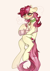 Size: 1402x2000 | Tagged: safe, alternate version, artist:rustya, imported from derpibooru, roseluck, human, pony, behaving like a cat, collar, commission, commissioner:doom9454, cute, hand, holding a pony, pet tag, pony pet, rosepet