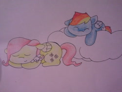 Size: 640x480 | Tagged: safe, artist:fluttersdoodles, imported from derpibooru, fluttershy, rainbow dash, cloud, eyes closed, female, flutterdash, lesbian, lying down, lying on a cloud, on a cloud, prone, shipping, sleeping