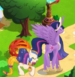Size: 451x463 | Tagged: safe, imported from derpibooru, screencap, golden feather, princess celestia, twilight sparkle, eyes closed, gameloft, my little pony: magic princess, role reversal