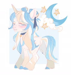 Size: 1940x2048 | Tagged: safe, artist:irusumau, imported from derpibooru, oc, oc only, oc:sleepy stars, pony, unicorn, blue background, moon, simple background, solo