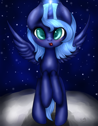 Size: 1024x1315 | Tagged: safe, artist:kinjareta, imported from derpibooru, princess luna, alicorn, pony, female, looking at you, mare, moon, night, on the moon, solo, starry background, tongue out