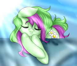 Size: 1024x880 | Tagged: safe, artist:kinjareta, imported from derpibooru, oc, oc only, oc:spring flower, earth pony, cute, earth pony oc, eyes closed, female, lying down, mare, prone, simple background, sleeping, solo