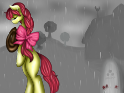 Size: 1024x768 | Tagged: safe, artist:kinjareta, imported from derpibooru, apple bloom, earth pony, pony, bow, braid, crying, death, depressing, female, mare, rain, sad, solo, standing on two hooves