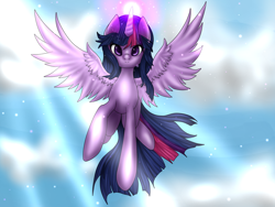 Size: 1024x768 | Tagged: safe, artist:kinjareta, imported from derpibooru, twilight sparkle, alicorn, pony, blurry background, female, floating, glowing, glowing horn, horn, looking at you, mare, solo, spread wings, twilight sparkle (alicorn), wings