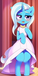 Size: 512x1024 | Tagged: safe, imported from derpibooru, trixie, semi-anthro, unicorn, ai content, ai generated, blushing, clothes, curtains, female, generator:novelai, generator:stable diffusion, horn, open mouth, solo