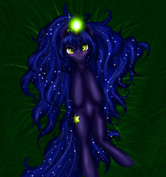 Size: 1024x1092 | Tagged: safe, artist:kinjareta, imported from derpibooru, oc, oc only, oc:fallen star, unicorn, ethereal mane, female, glowing, glowing horn, horn, looking at you, lying down, mare, on back, prone, simple background, solo, starry mane, starry tail, tail