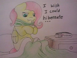 Size: 640x480 | Tagged: safe, artist:fluttersdoodles, imported from derpibooru, fluttershy, :t, blanket, clock, clothes, cup, freezing, pedestal, pillow, scarf, sitting on bed, teacup