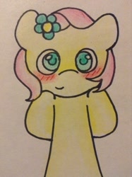 Size: 956x1280 | Tagged: safe, artist:fluttersdoodles, imported from derpibooru, fluttershy, arm behind back, bipedal, blushing, flower, flower in hair, looking at you