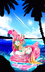 Size: 2536x4096 | Tagged: safe, artist:irusumau, imported from derpibooru, oc, oc only, earth pony, pony, beach, clothes, floaty, ocean, palm tree, pool toy, sky, solo, sun, swimsuit, tree, water