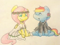 Size: 1280x956 | Tagged: safe, artist:fluttersdoodles, imported from derpibooru, fluttershy, rainbow dash, ^^, braid, clothes, dress, eyes closed, female, flower, flower in hair, flutterdash, lesbian, shipping, sitting, smiling, tailcoat, wreath