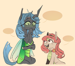Size: 819x725 | Tagged: safe, artist:harusocoma, imported from derpibooru, queen chrysalis, oc, changeling, pony, unicorn, blank speech bubble, blue mane, blue tail, blushing, red mane, simple background, sitting, speech bubble, tail, talking, white background, wings