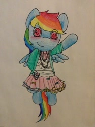 Size: 956x1280 | Tagged: safe, artist:fluttersdoodles, imported from derpibooru, rainbow dash, blushing, clothes, dress, flying, hippie, hoodie, looking at you, waving, waving at you