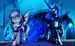 Size: 1020x632 | Tagged: safe, artist:dormin-dim, imported from derpibooru, nightmare moon, oc, oc:midnight snowstorm, alicorn, bat pony, bat pony alicorn, pony, armor, bat pony oc, bat wings, breastplate, commission, duo, ethereal mane, female, hoof shoes, horn, male, mare, moonlight, night, royal guard, royal guard armor, spread wings, stallion, two toned hair, walking, wings, ych result