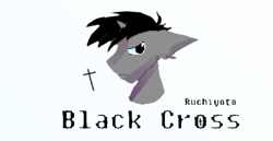 Size: 596x307 | Tagged: safe, artist:ruchiyoto, imported from derpibooru, oc, oc only, oc:black cross, pony, unicorn, crucifix, signature, simple background, solo, white background