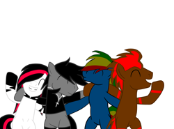 Size: 1820x1350 | Tagged: safe, artist:ruchiyoto, imported from derpibooru, oc, oc only, oc:black cross, oc:emala jiss, oc:rainbow storm, oc:tootise4ever, pegasus, pony, unicorn, zebra, group hug, hug, male, simple background, stallion, white background