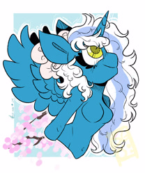 Size: 2500x3000 | Tagged: safe, artist:stinkygooby, imported from derpibooru, oc, oc only, oc:fleurbelle, alicorn, anthro, unguligrade anthro, alicorn oc, belly button, blue background, bow, breasts, cherry blossoms, featureless breasts, female, flower, flower blossom, hair bow, horn, mare, simple background, smiling, wings, yellow eyes