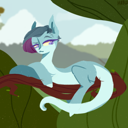 Size: 1000x1000 | Tagged: safe, artist:harusocoma, imported from derpibooru, oc, pony, blue coat, lying, lying on a tree, magenta eyes, simple background, solo, tree branch, two toned coat, white coat