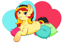 Size: 2491x1727 | Tagged: safe, artist:backgroundpony#f352, imported from derpibooru, oc, oc only, oc:chocolate sweets, earth pony, pony, eyes open, female, hairclip, heart, heart background, looking at you, lying down, mare, pillow, signature, simple background, smiling, solo, transparent background