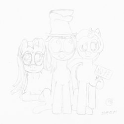Size: 1920x1920 | Tagged: safe, artist:moon flower, imported from derpibooru, oc, oc only, oc:darkest hour, oc:moon flower, oc:noble pinions, alicorn, earth pony, pony, 2019, clothes, derp, equine, female, front view, ghastly gibbus (tf2), goggles, grayscale, group, hair, hasbro, hat, holding, hoof hold, hooves, horn, lineart, long hair, looking at you, lying down, mammal, mane, mare, monochrome, nope, pencil drawing, pyrovision goggles (tf2), raised leg, sign, silly face, simple background, sitting, smiling, standing, star (facial marking), tail, team fortress 2, torn clothes, traditional art, trio