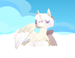 Size: 924x717 | Tagged: safe, artist:harusocoma, imported from derpibooru, oc, alicorn, pony, chest fluff, cloud, eyes closed, glasses, horn, lying, lying down, lying on a cloud, on a cloud, sky background, smiling, solo, white coat, wings