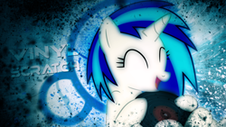 Size: 1920x1080 | Tagged: safe, artist:namelesshero2222, artist:tygerxl, edit, imported from derpibooru, dj pon-3, vinyl scratch, pony, unicorn, abstract background, circle, cute, eyes closed, female, grunge, happy, mare, name, open mouth, open smile, record, smiling, solo, vinylbetes, wallpaper, wallpaper edit