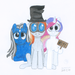 Size: 1920x1920 | Tagged: safe, artist:moon flower, imported from derpibooru, oc, oc only, oc:darkest hour, oc:moon flower, oc:noble pinions, alicorn, earth pony, pony, 2019, clothes, colored, colored pencil drawing, derp, equine, female, front view, ghastly gibbus (tf2), goggles, group, hair, hasbro, hat, holding, hoof hold, hooves, horn, long hair, looking at you, lying down, mammal, mane, mare, nope, pencil drawing, pyrovision goggles (tf2), raised leg, sign, silly face, simple background, sitting, smiling, standing, star (facial marking), tail, team fortress 2, torn clothes, traditional art, trio