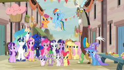 Size: 1920x1080 | Tagged: safe, edit, edited screencap, editor:incredibubbleirishguy, imported from derpibooru, screencap, apple bloom, applejack, fluttershy, pinkie pie, princess cadance, princess celestia, princess flurry heart, princess luna, rainbow dash, rarity, scootaloo, shining armor, spike, starlight glimmer, sweetie belle, trixie, twilight sparkle, alicorn, draconequus, dragon, earth pony, pegasus, pony, unicorn, to where and back again, 1000 years in photoshop, alicorn pentarchy, alternate scenario, balloon, cake, cutie mark crusaders, food, male, mane seven, mane six, our town, pie, royalty, stallion, twilight sparkle (alicorn), winged spike, wings