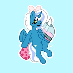 Size: 1000x1000 | Tagged: safe, artist:unavailable-finny, imported from derpibooru, oc, oc only, oc:fleurbelle, alicorn, pony, alicorn oc, blue background, bow, drink, female, hair bow, horn, mare, simple background, solo, straw, wings, yellow eyes