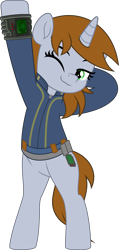 Size: 2385x5000 | Tagged: safe, artist:jhayarr23, imported from derpibooru, oc, oc only, oc:littlepip, pony, unicorn, fallout equestria, bipedal, clothes, commissioner:solar aura, female, horn, mare, one eye closed, solo, stretching, unicorn oc